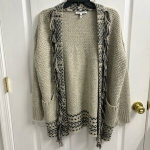 Heartloom Knit Cardigan Fringe Sweater Cream Black Neutral Boho Womens Medium